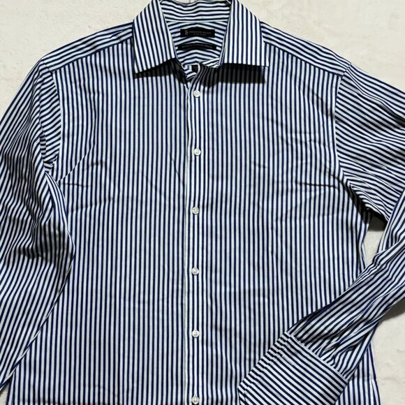 Hudson Room Slim Fitted 80's Two Ply Dress Shirt Striped Blue Mens 15.5 / 35 - Picture 2 of 13